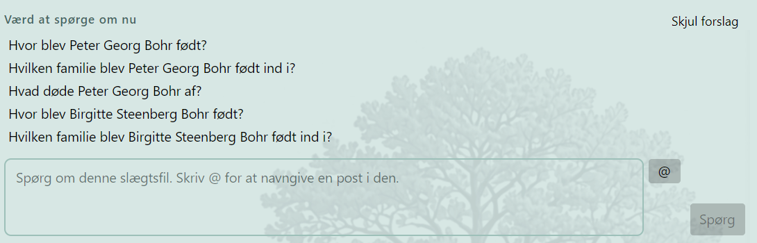 AI-Assistenten i Stamtree foreslår selv spørgsmål om slægtsfilen og svarer på almindeligt dansk.