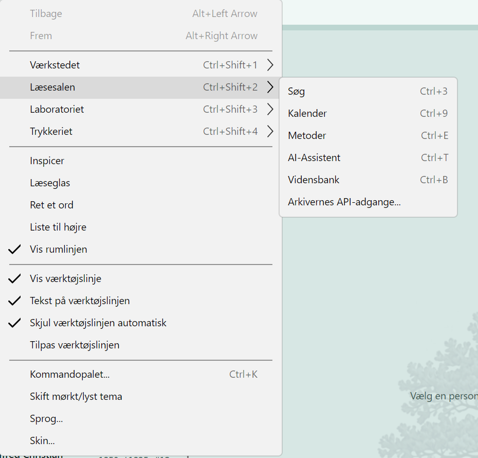 Læsesalens menu: søg, kalender, metoder, AI-Assistent, vidensbank og arkivernes API-adgange.