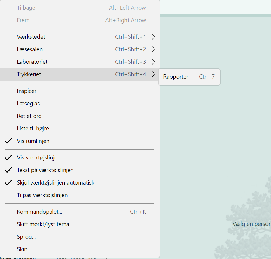 Trykkeriets menu: rapporter.